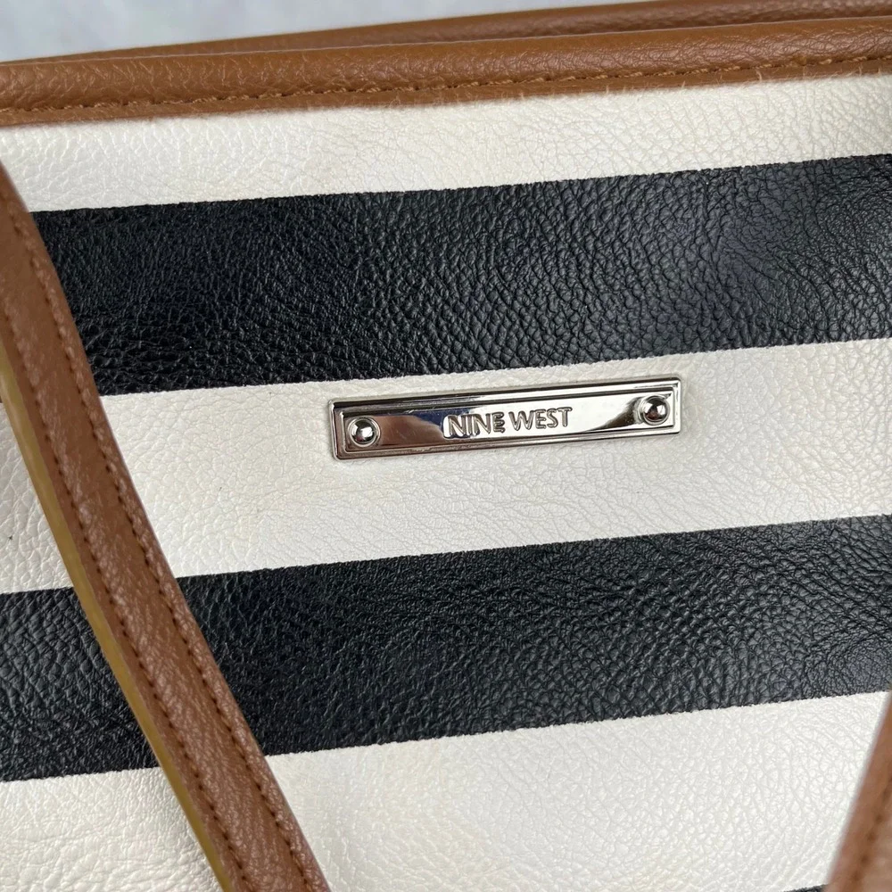 Nine West Tote Bag Black White Striped Faux‎ Leather Tassels Brown Trim